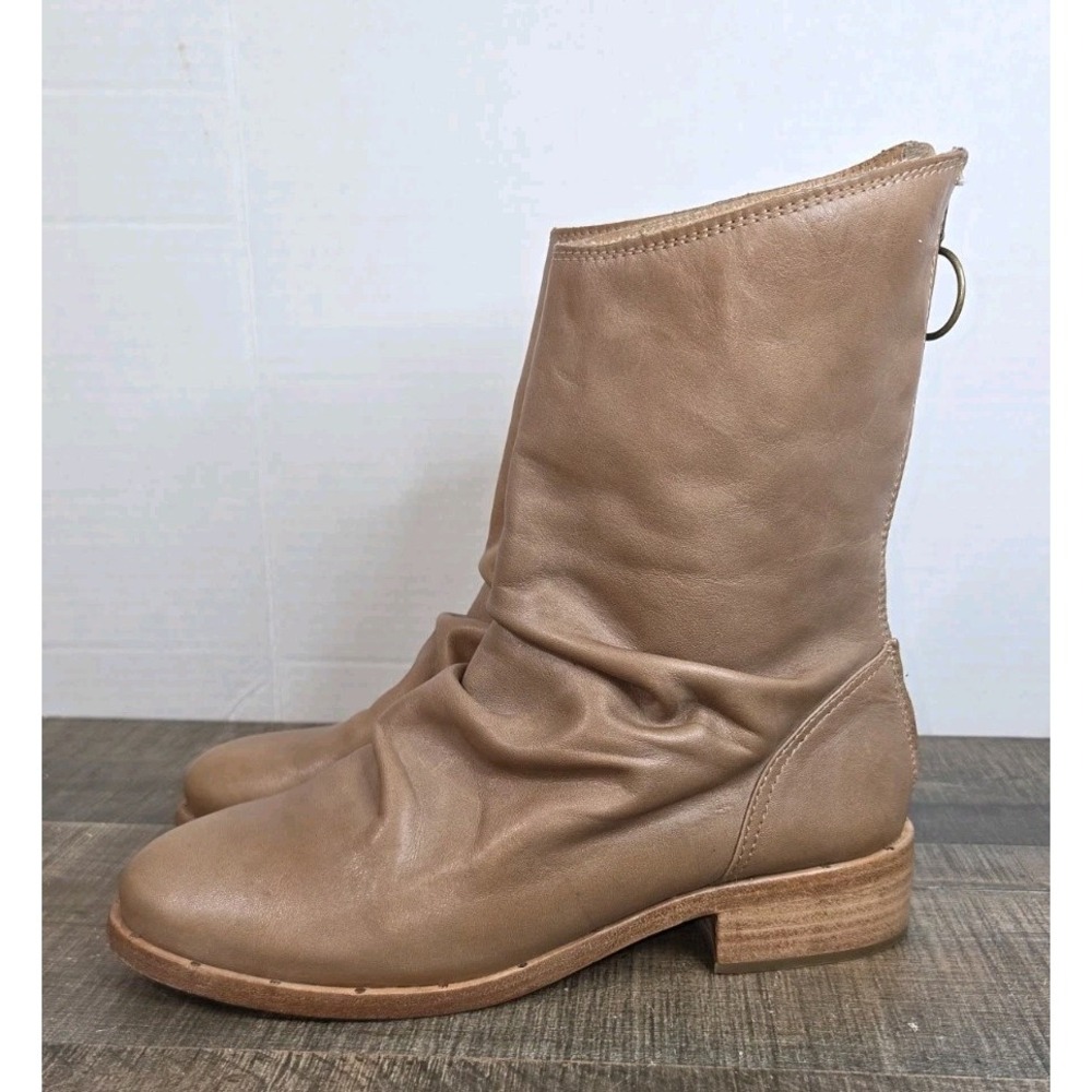 Beek Ostrich Mid Calf Boots Womens 6 Saddle Tan Leather Slouch Block Heel - Picture 5 of 12